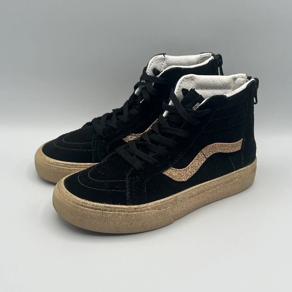 Vans Sk8-Hi Black Gold Zipper High Top Shoes -‎ Kids Girls Size 13.5 USED
